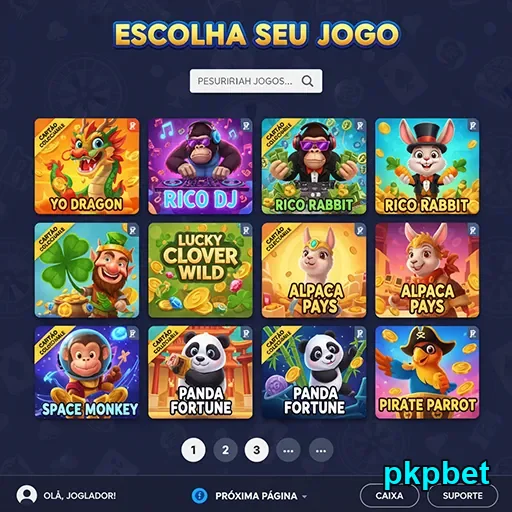 Tela de seleção de jogos do pkpbet com slots diversos.