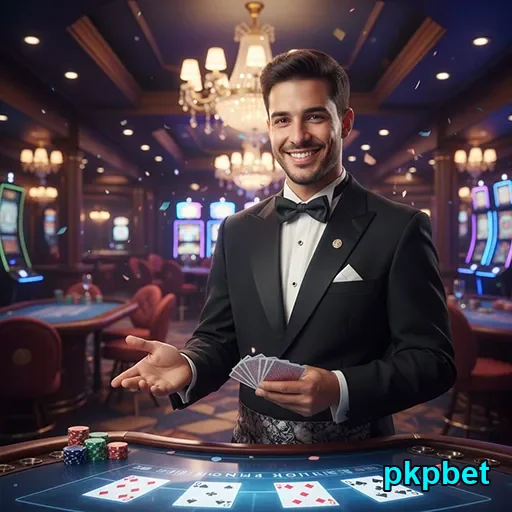 Dealer em mesa de blackjack no pkpbet, ambiente elegante.