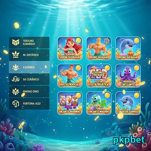 Interface de jogos de slot no pkpbet com temas marinhos.
